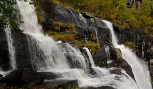 Preview wallpaper waterfall, rocks, stones, stream, grass