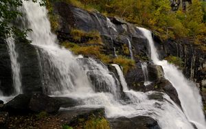 Preview wallpaper waterfall, rocks, stones, stream, grass