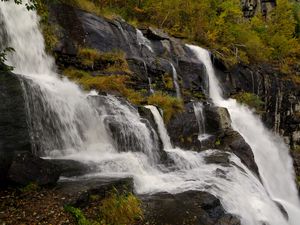 Preview wallpaper waterfall, rocks, stones, stream, grass