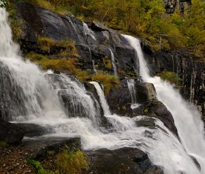 Preview wallpaper waterfall, rocks, stones, stream, grass