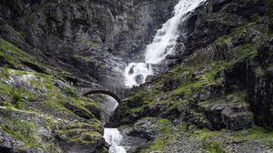 Preview wallpaper waterfall, rocks, stones, bridge, water, nature