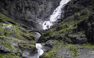 Preview wallpaper waterfall, rocks, stones, bridge, water, nature