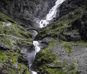 Preview wallpaper waterfall, rocks, stones, bridge, water, nature