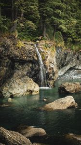 Preview wallpaper waterfall, rocks, stones, water, trees, landscape