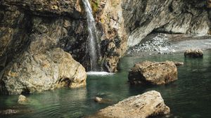 Preview wallpaper waterfall, rocks, stones, water, trees, landscape