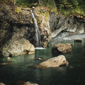 Preview wallpaper waterfall, rocks, stones, water, trees, landscape