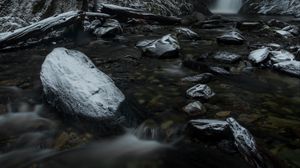 Preview wallpaper waterfall, rocks, stones, nature, landscape