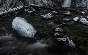 Preview wallpaper waterfall, rocks, stones, nature, landscape