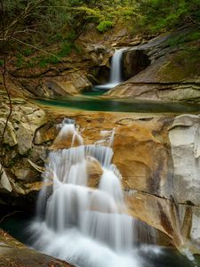 Preview wallpaper waterfall, rocks, stream, spray, trees