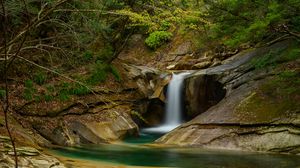 Preview wallpaper waterfall, rocks, stream, spray, trees