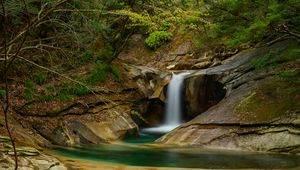 Preview wallpaper waterfall, rocks, stream, spray, trees
