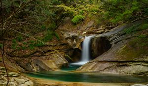 Preview wallpaper waterfall, rocks, stream, spray, trees
