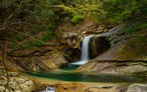 Preview wallpaper waterfall, rocks, stream, spray, trees