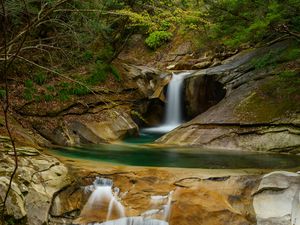 Preview wallpaper waterfall, rocks, stream, spray, trees