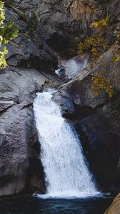 Preview wallpaper waterfall, rocks, stream, water, branches