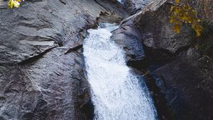 Preview wallpaper waterfall, rocks, stream, water, branches