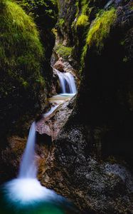 Preview wallpaper waterfall, rocks, stream, water, grass