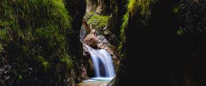 Preview wallpaper waterfall, rocks, stream, water, grass