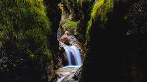 Preview wallpaper waterfall, rocks, stream, water, grass