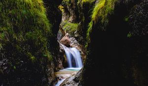 Preview wallpaper waterfall, rocks, stream, water, grass