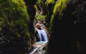 Preview wallpaper waterfall, rocks, stream, water, grass