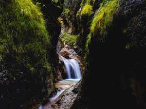 Preview wallpaper waterfall, rocks, stream, water, grass