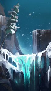 Preview wallpaper waterfall, rocks, tree, snow, art, landscape
