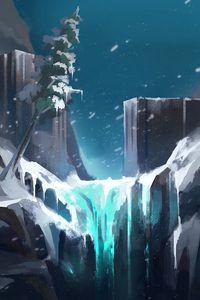 Preview wallpaper waterfall, rocks, tree, snow, art, landscape