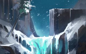 Preview wallpaper waterfall, rocks, tree, snow, art, landscape