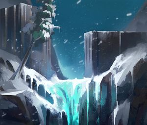 Preview wallpaper waterfall, rocks, tree, snow, art, landscape