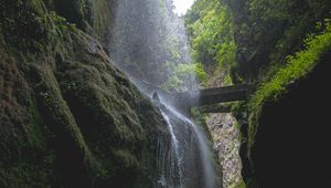 Preview wallpaper waterfall, rocks, trees, vegetation, forest