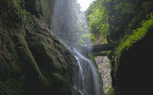 Preview wallpaper waterfall, rocks, trees, vegetation, forest