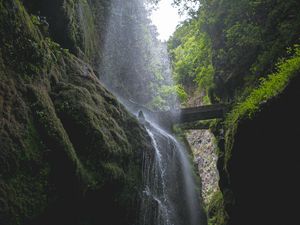 Preview wallpaper waterfall, rocks, trees, vegetation, forest