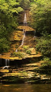 Preview wallpaper waterfall, rocks, trees, bushes, branches