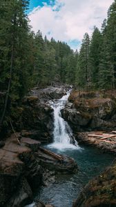 Preview wallpaper waterfall, rocks, trees, forest, landscape, nature