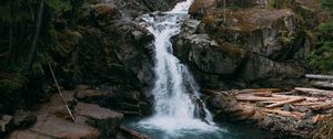 Preview wallpaper waterfall, rocks, trees, forest, landscape, nature
