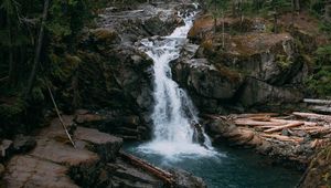 Preview wallpaper waterfall, rocks, trees, forest, landscape, nature