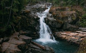 Preview wallpaper waterfall, rocks, trees, forest, landscape, nature