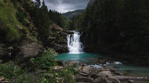 Preview wallpaper waterfall, rocks, trees, stones