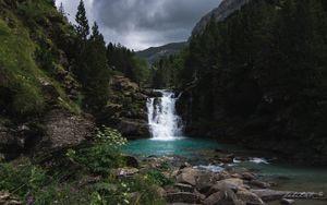 Preview wallpaper waterfall, rocks, trees, stones