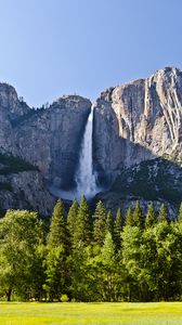 Preview wallpaper waterfall, rocks, trees, grass, sunlight