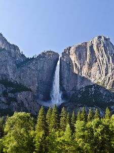 Preview wallpaper waterfall, rocks, trees, grass, sunlight