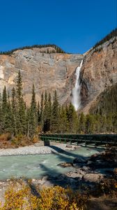 Preview wallpaper waterfall, rocks, trees, bridge, river