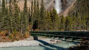 Preview wallpaper waterfall, rocks, trees, bridge, river