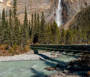 Preview wallpaper waterfall, rocks, trees, bridge, river