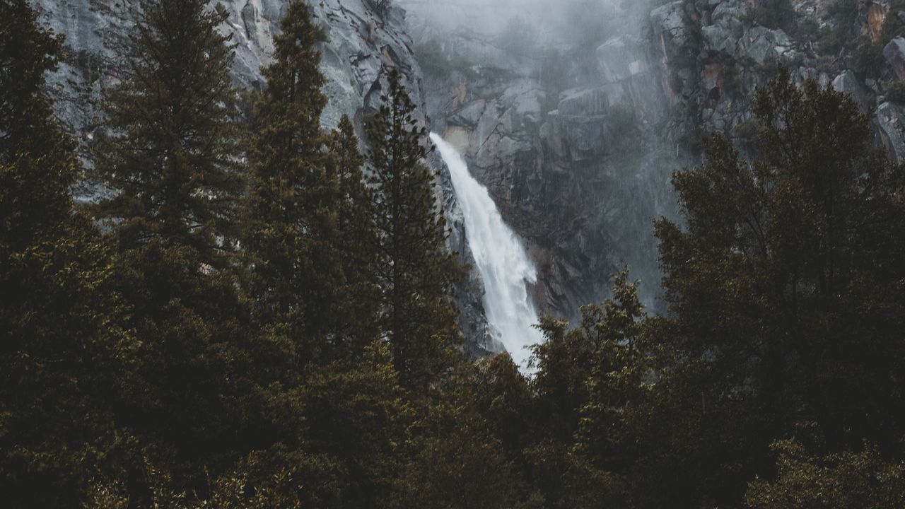 Wallpaper waterfall, rocks, trees, fog, landscape