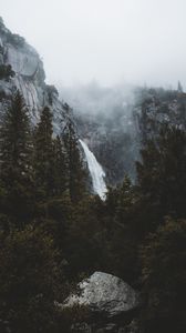 Preview wallpaper waterfall, rocks, trees, fog, landscape