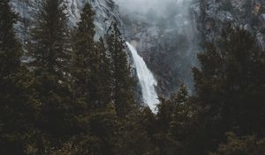 Preview wallpaper waterfall, rocks, trees, fog, landscape