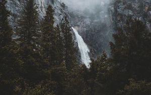 Preview wallpaper waterfall, rocks, trees, fog, landscape
