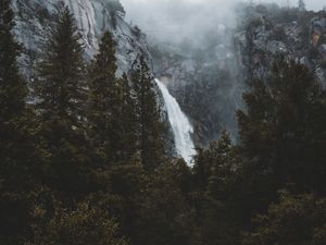 Preview wallpaper waterfall, rocks, trees, fog, landscape